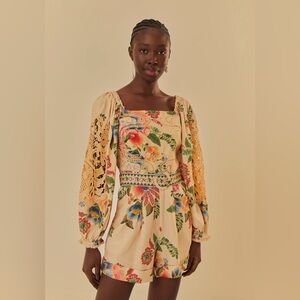 FARM RIO Sand Delicate Garden Floral Belted Romper (NWT)